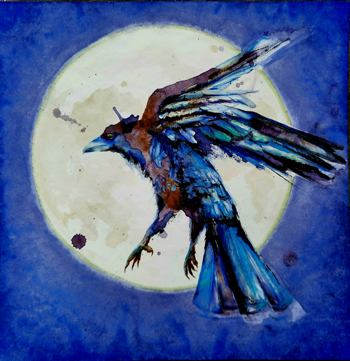 Rabe und Vollmond Aquarell Sabine Koschier